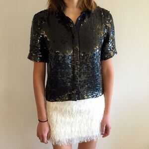 TOPSHOP BUTTON DOWN BLACK NYE SEQUIN TOP SPARKLE